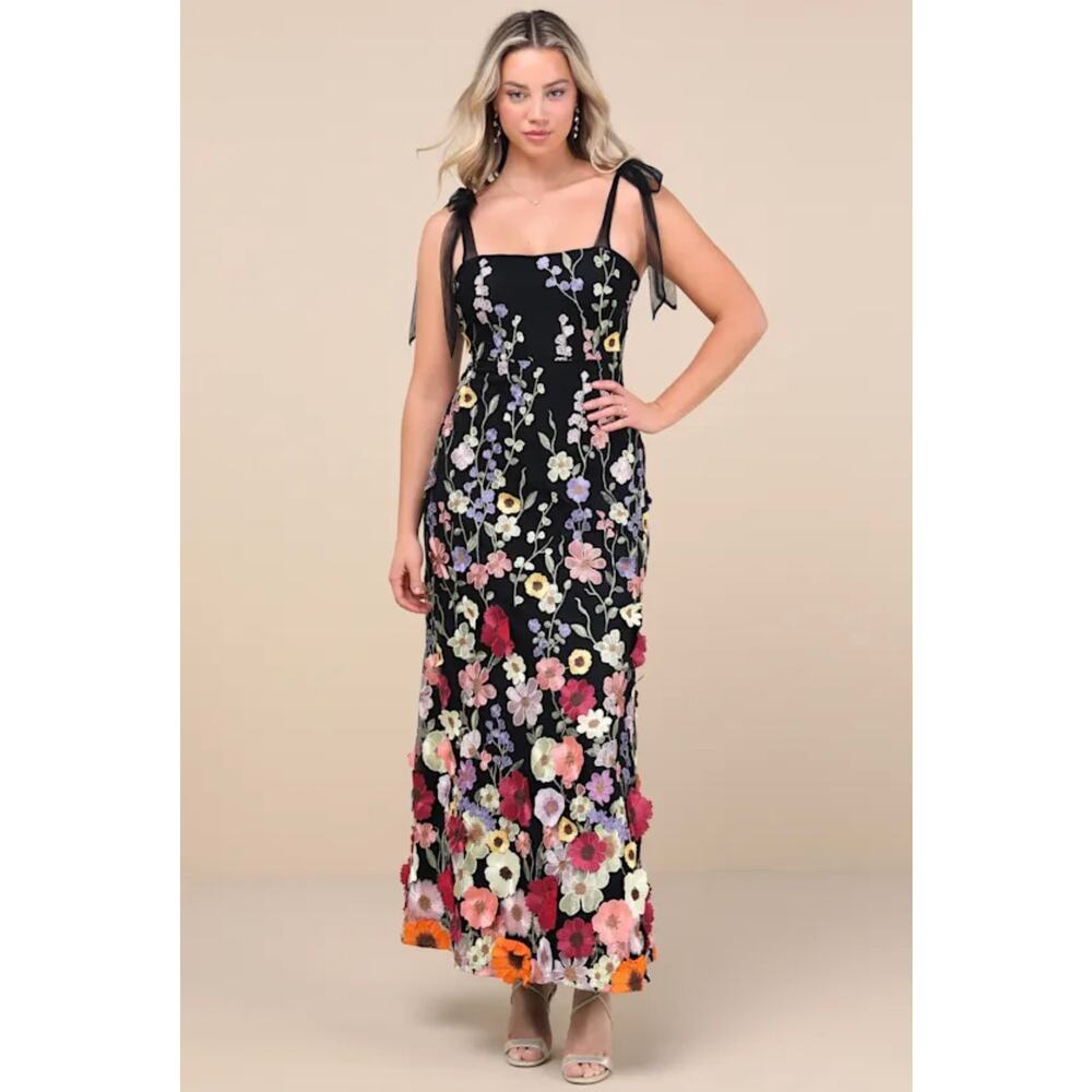 Lulus Thriving Poise Black 3D Floral Embroidered Tie-Strap Maxi Dress NWT Large
